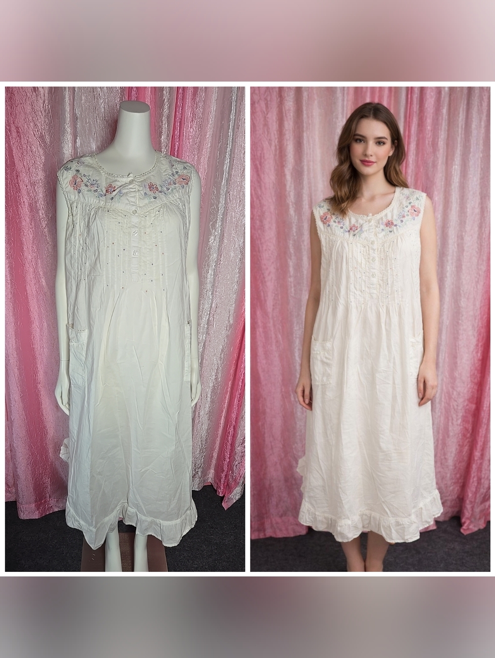 Today Tonight Vintage 100% Cotton Floral Embroidered Nightgown Size Large